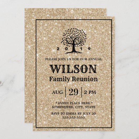 Family Wiedersehen Family Tree Moderner Gold Glitz Einladung (Vorne/Hinten)