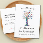 Family Wiedersehen Family Tree Save the Date Ankündigungspostkarte<br><div class="desc">Dieses einfache und stilvolle Family Wiedersehen Save the Date ist mit einem bunten Mosaikbaum geschmückt. Einfach anpassbar. Ändern Sie mithilfe des Entwurfstools die Textgröße,  den Stil oder die Farbe. Weil wir unsere Kunstwerke erstellen,  werden Sie dieses exakte Bild von anderen Designern nicht finden. Original Mosaik © Michele Davies.</div>