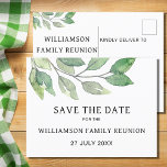 Family Wiedersehen Greenery Save the Date Ankündigungspostkarte<br><div class="desc">Senden Sie mit diesen stilvollen Postkarten gerettet-the-date Informationen für Ihre Wiedersehen. Sie sind modern und minimalistisch gestaltet und in Grüntönen gehalten. Einfach anpassbar. Die Koordinierung von Wiedersehen-Einladungen und Party-Vorräten ist auch in meinem Geschäft verfügbar. Ändern Sie mithilfe des Entwurfstools die Textgröße, den Stil oder die Farbe. Weil wir unsere Kunstwerke...</div>