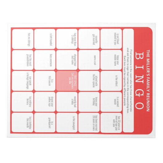 Family Wiedersehen Ice Breakfast Bingo Game Notizblock (Vorderseite)