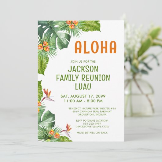Family Wiedersehen Luau Tropical Palm Aloha Wasser Einladung (Stehend Vorderseite)