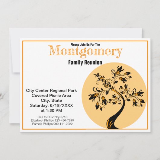 Family Wiedersehen Moderne Orange- und Black Tree Einladung (Vorderseite)