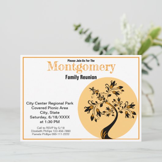 Family Wiedersehen Moderne Orange- und Black Tree Einladung (Stehend Vorderseite)