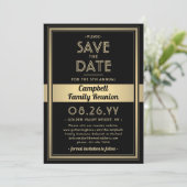 Family Wiedersehen Modernes elegantes Schwarz-Gold Save The Date (Stehend Vorderseite)