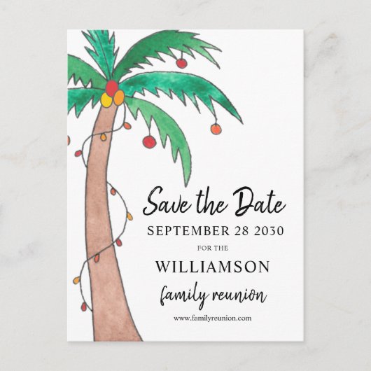  Family Wiedersehen Palm Tree Save the Date Postka Ankündigungspostkarte (Vorderseite)