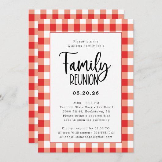 Family Wiedersehen Red und White Gingham Buffalo K Einladung (Vorne/Hinten)