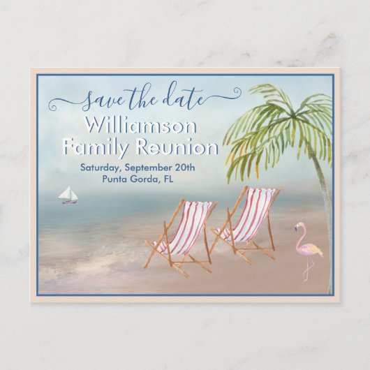 Family Wiedersehen Save the Date Beach Sand QR Cod Ankündigungspostkarte (Vorderseite)