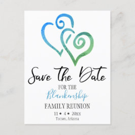 Family Wiedersehen Save the Date Blue Green Hearts Ankündigungspostkarte