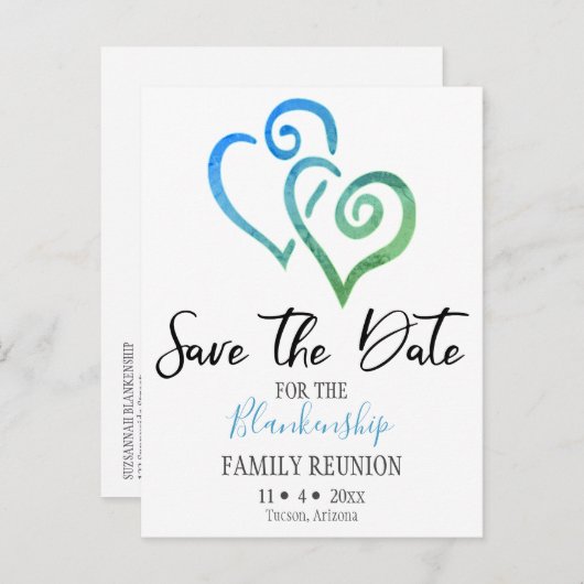 Family Wiedersehen Save the Date Blue Green Hearts Ankündigungspostkarte (Vorne/Hinten)