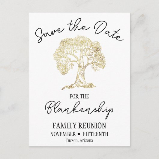 Family Wiedersehen Save the Date Gold Tree Ankündigungspostkarte (Vorderseite)
