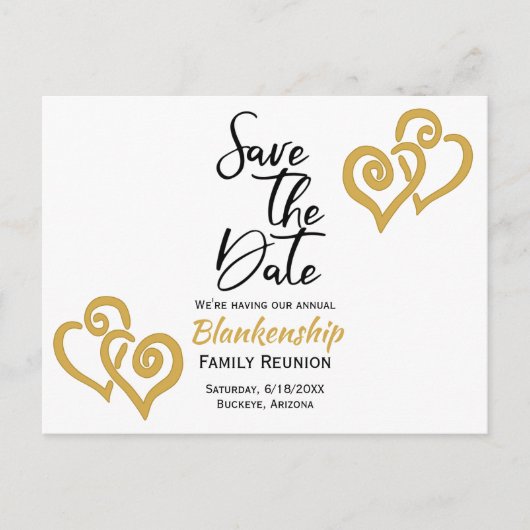 Family Wiedersehen Save the Date Golden Hearts Ankündigungspostkarte (Vorderseite)