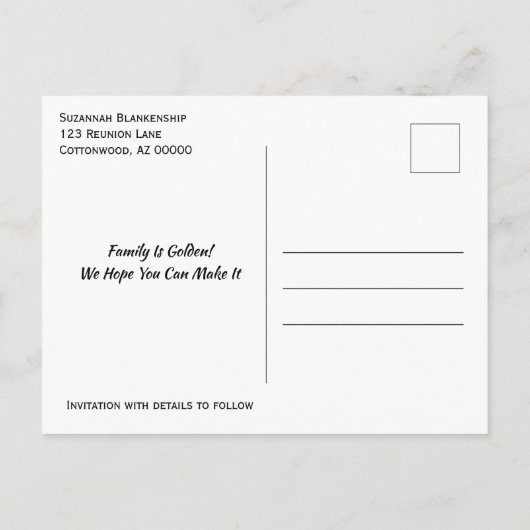 Family Wiedersehen Save the Date Golden Hearts Ankündigungspostkarte (Rückseite)