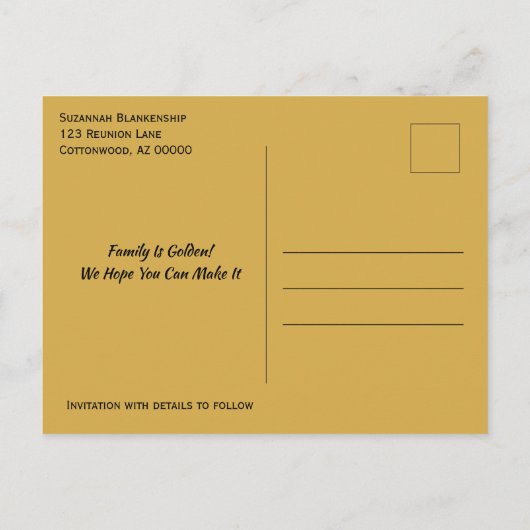 Family Wiedersehen Save the Date Golden Hearts Ankündigungspostkarte (Rückseite)