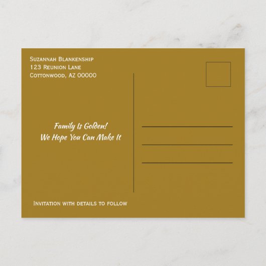 Family Wiedersehen Save the Date Golden Hearts Ankündigungspostkarte (Rückseite)