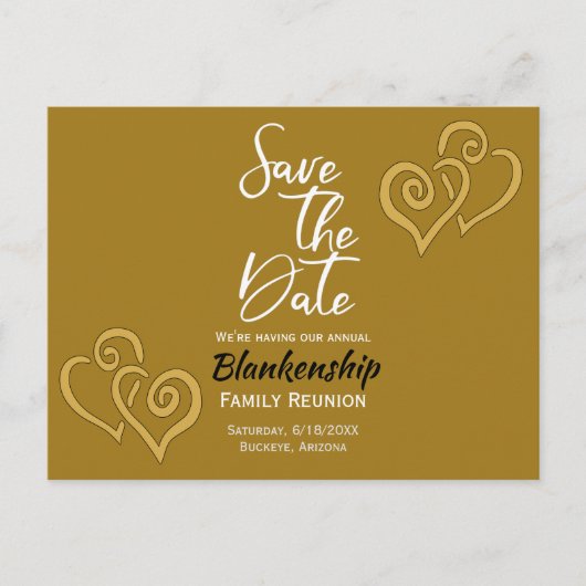 Family Wiedersehen Save the Date Golden Hearts Ankündigungspostkarte (Vorderseite)