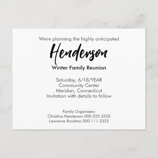 Family Wiedersehen Save the Date Hinzufügen eines Ankündigungspostkarte (Rückseite)