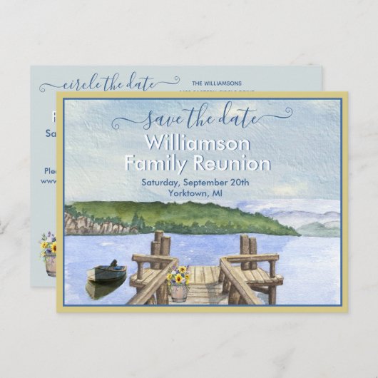 Family Wiedersehen Save the Date Lake Dock QR Code Ankündigungspostkarte (Vorne/Hinten)