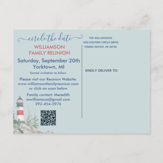 Family Wiedersehen Save the Date Lighthouse QR-Cod Ankündigungspostkarte (Rückseite)