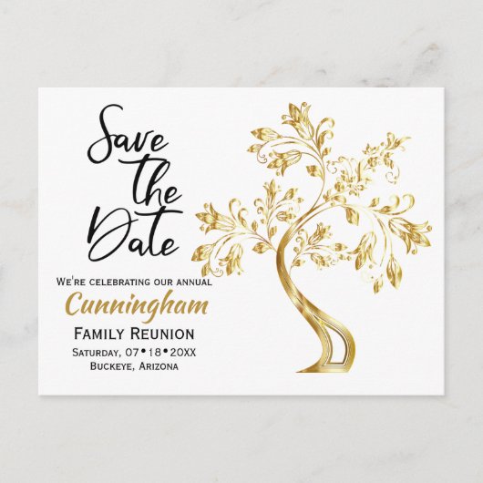 Family Wiedersehen Save the Date Moderner Goldbaum Ankündigungspostkarte (Vorderseite)