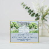 Family Wiedersehen Save the Date QR-Code für Lands Ankündigungspostkarte (Stehend Vorderseite)