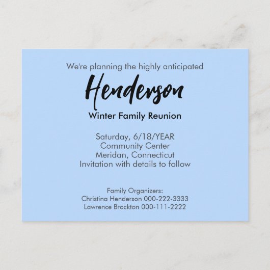 Family Wiedersehen Save the Date Schneewinteraspen Ankündigungspostkarte (Rückseite)