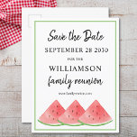 Family Wiedersehen Save the Date Watermelon Ankündigungspostkarte<br><div class="desc">Dieses Sommer Familie Wiedersehen Save the Date Postcard ist mit Wasserfarben Wassermelonen dekoriert. Einfach anpassbar. Ändern Sie mithilfe des Entwurfstools die Textgröße,  den Stil oder die Farbe. Weil wir unsere Kunstwerke erstellen,  werden Sie dieses exakte Bild von anderen Designern nicht finden. Original Wasserfarbe © Michele Davies.</div>