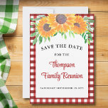 Family Wiedersehen Sunflower Save The Date<br><div class="desc">Planen Sie eine Wiedersehen? Lass Deiner Familie das Wiedersehen-Datum mit diesen charmanten Save The Date Cards kennen. Sie sind mit Sonnenblumen in Aquarelltönen dekoriert und mit einem roten Karo bepflanzt. Einfach anpassbar. Original Wasserfarbe © Michele Davies.</div>
