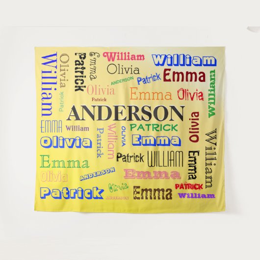 Family Word Cloud Stylied Yellow Background Wandteppich (Vorderseite (Horizontal))