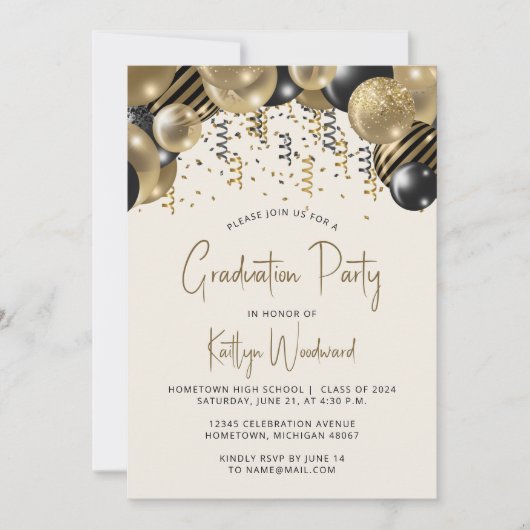 Fan Black Gold Balloon Arch Graduation Party Einladung (Vorderseite)