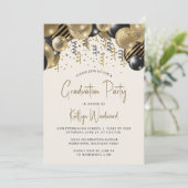 Fan Black Gold Balloon Arch Graduation Party Einladung (Stehend Vorderseite)