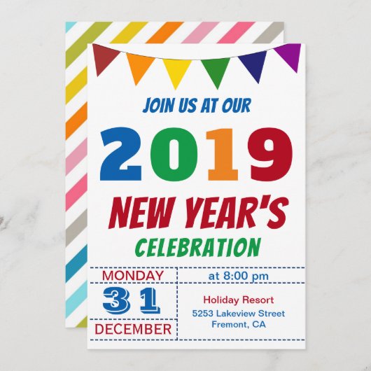 Fan Colorful 2019 Silvester-Party Einladung (Vorne/Hinten)