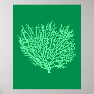 Fan Coral Print, blassgrün auf Deep Jade Green Poster