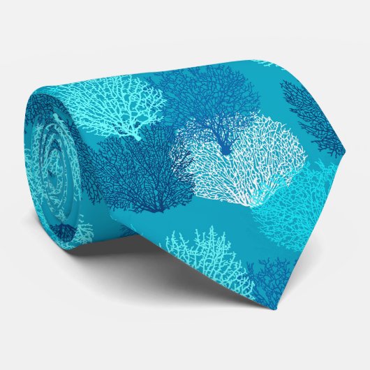 Fan Coral Print, Türkis, Aqua und Cobalt Blue Krawatte (Gerollt)