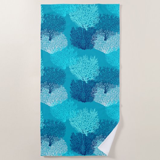 Fan Coral Print, Türkis, Aqua und Cobalt Blue Strandtuch (Vorderseite)