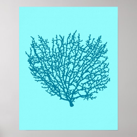Fan Coral Print, Türkis auf einem Aquarell Poster (Vorne)
