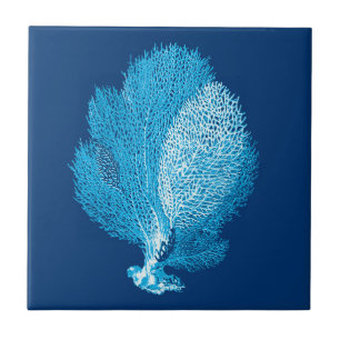 Fan Coral Sea Life Print, Indigo Blue und White Fliese