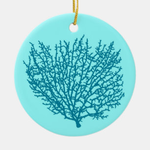 Fan Coral Turquoise auf einem Aqua-Hintergrund Keramik Ornament