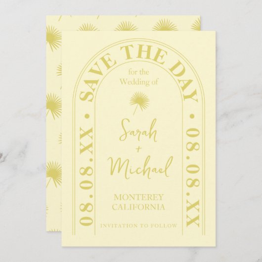 Fan Palm Leaf Tropical Bright Summer Save the Date Einladung (Vorne/Hinten)