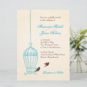Fanciful Bird Cage Aquamarin & Chocolate Wedding Einladung (Stehend Vorderseite)