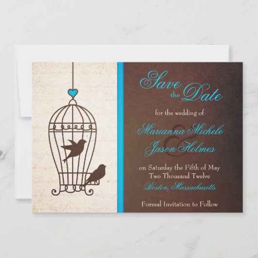 Fanciful Bird Cage Aquamarin & Schokolade Save the Date (Vorderseite)