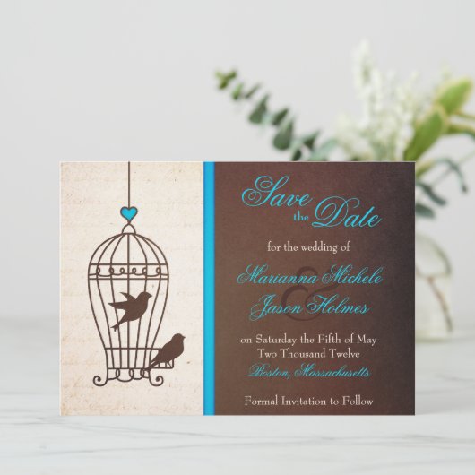 Fanciful Bird Cage Aquamarin & Schokolade Save the Save The Date (Stehend Vorderseite)
