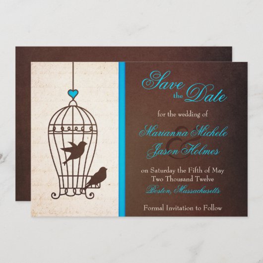 Fanciful Bird Cage Aquamarin & Schokolade Save the Save The Date (Vorne/Hinten)