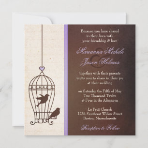 Fanciful Bird Cage - Lavendel & Brown Squa Wedding Einladung