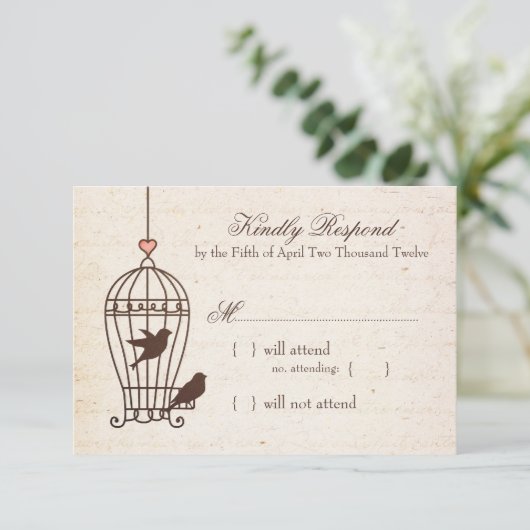 Fanciful Bird Cage - Pink & Chocolate Wedding RSVP (Stehend Vorderseite)