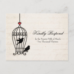 Fanciful Bird Cage & Romantic Heart Wedding RSVP Einladungspostkarte