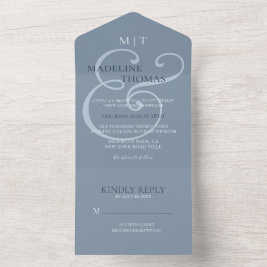 Fanciful Dusty Blue Ampersand Calligrafy Wedding All In One Einladung (Innen Boden)