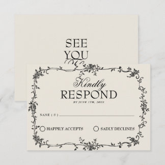 Fancy Black Cream Floral Boho Wedding RSVP Karte