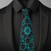 Fancy Black Türkis Blumenmuster Krawatte