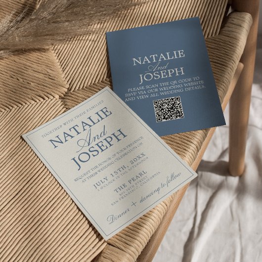 Fancy Blau-Weiße Old Money QR-Code-Hochzeit Einladung