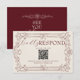 Fancy Burgunder Floral Old Money QR-Code Hochzeit RSVP Karte